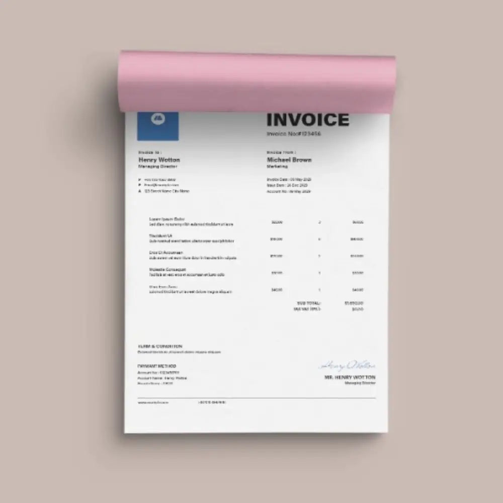 Corporate NCR Printed Invoice Pads Design and Printing - Offset POD - Blue / 2-Part NCR / DL - Invoice