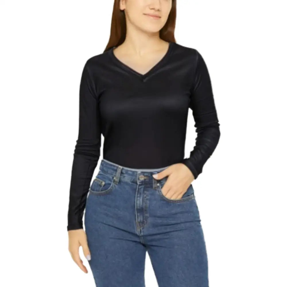 Personalised Ladies’ V-Neck Long Sleeve T-Shirts - DTF - S / Black - Women V-Neck T-Shirt Long Sleeve