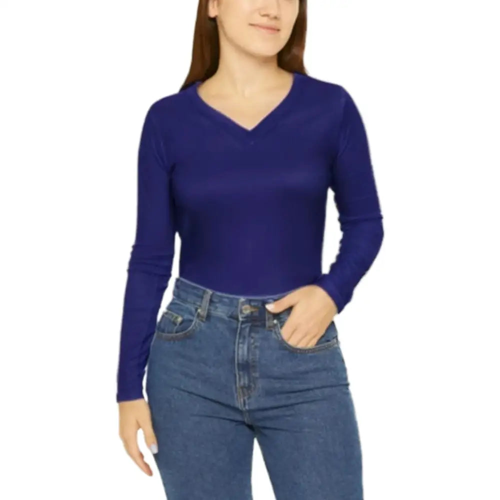 Personalised Ladies’ V-Neck Long Sleeve T-Shirts - DTF - S / Blue - Women V-Neck T-Shirt Long Sleeve
