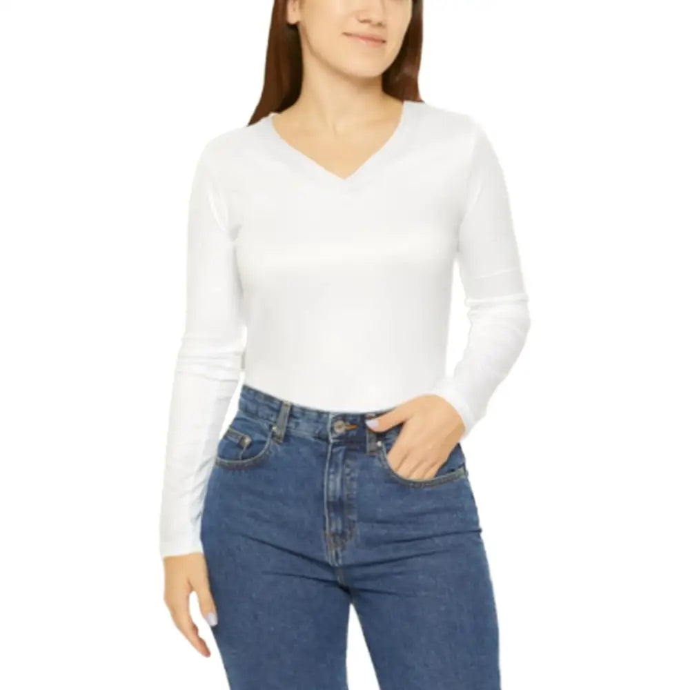 Personalised Ladies’ V-Neck Long Sleeve T-Shirts - DTF - S / White - Women V-Neck T-Shirt Long Sleeve