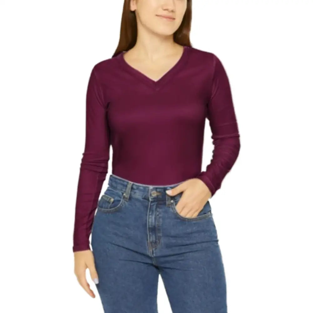 Personalised Ladies’ V-Neck Long Sleeve T-Shirts - DTF - S / Wine - Women V-Neck T-Shirt Long Sleeve