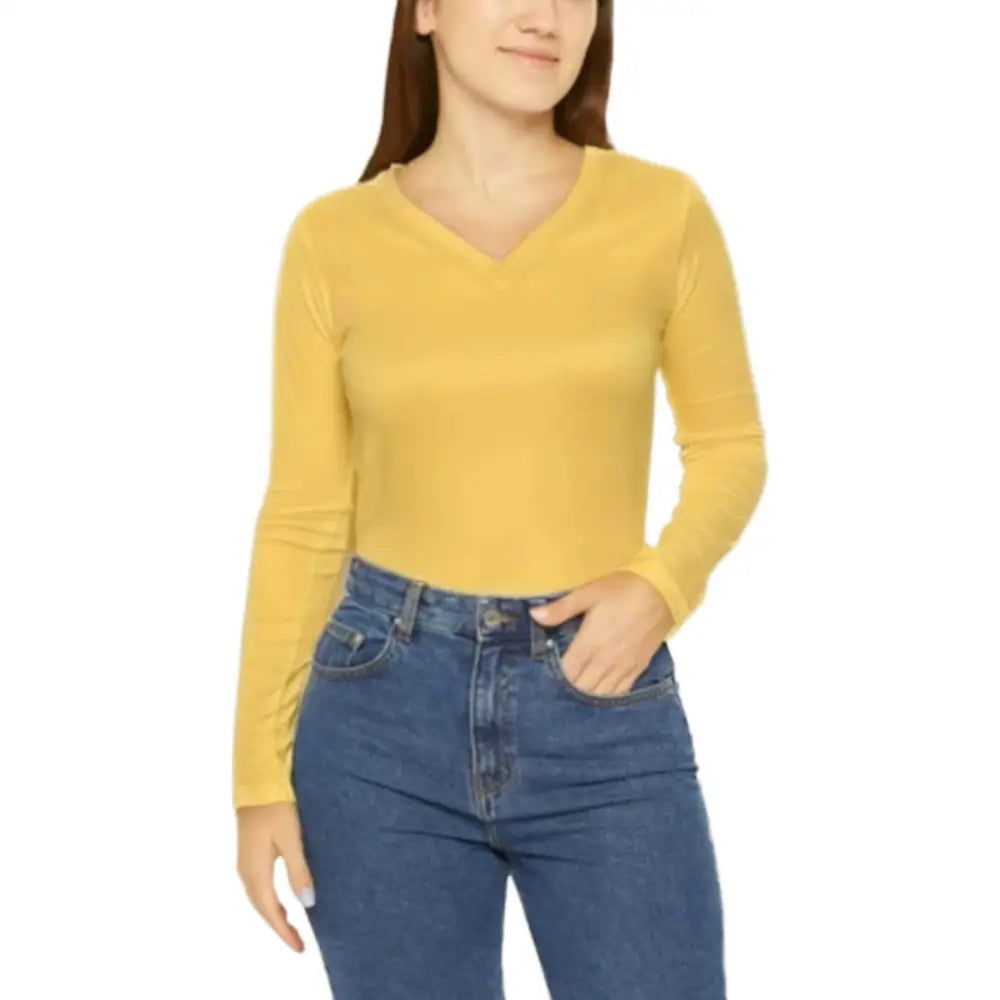 Personalised Ladies’ V-Neck Long Sleeve T-Shirts - DTF - S / Yellow - Women V-Neck T-Shirt Long Sleeve