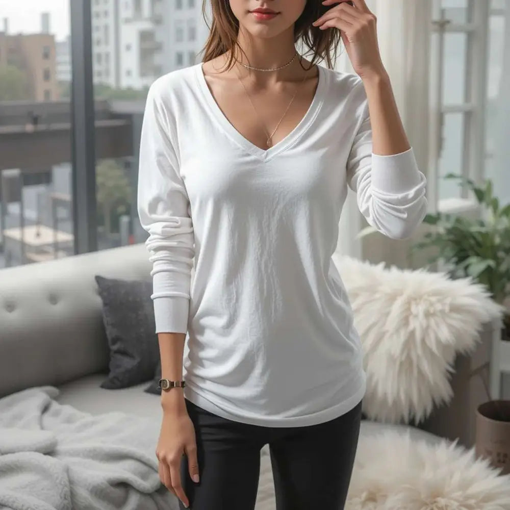 Personalised Ladies’ V-Neck Long Sleeve T-Shirts - DTF - Women V-Neck T-Shirt Long Sleeve