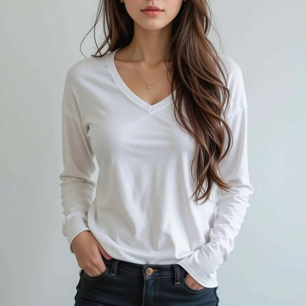 Personalised Ladies’ V-Neck Long Sleeve T-Shirts - DTF - Women V-Neck T-Shirt Long Sleeve